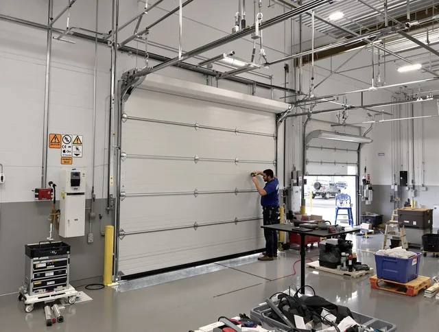 Commercial garage door repair being performed by La Mirada Garage Door Repair expert in La Mirada