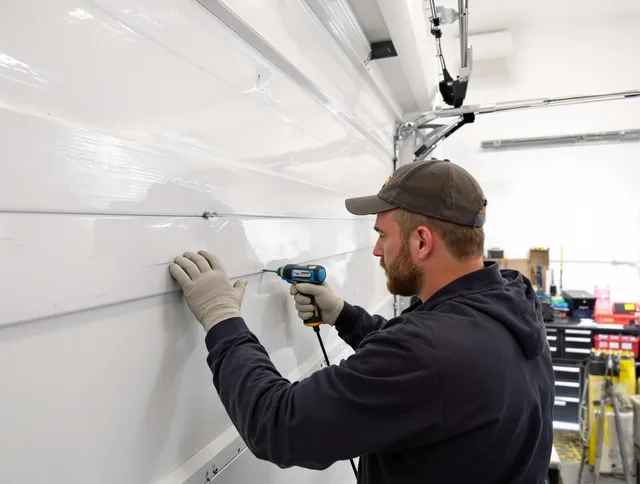 La Mirada Garage Door Repair technician demonstrating precision dent removal techniques on a La Mirada garage door