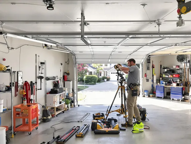 La Mirada Garage Door Repair specialist performing laser-guided track alignment in La Mirada